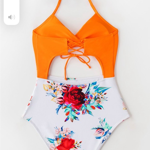 New CUPSHE Orange Floral Lace-up Halter One-Piece Swimsuit large - Picture 5 of 6